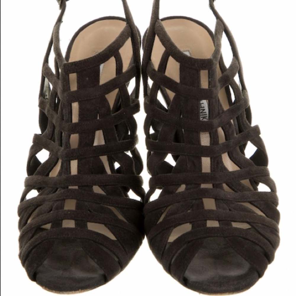 Manolo Blahnik sz37 suede Multi straps slingback heels  W/ Side Buckle - 4 “Heel